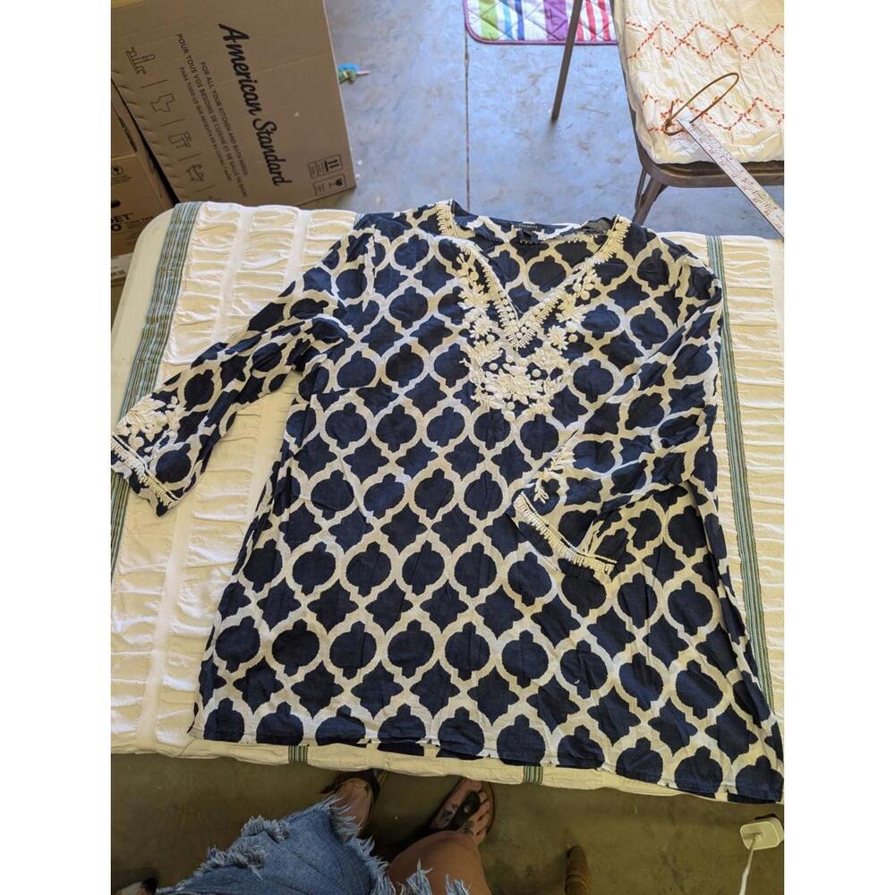 Talbots Navy and White Patterned Top